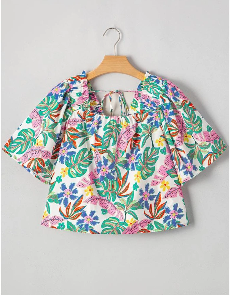 Green Plant Print Loose Fit Puff Sleeve Square Neck Blouse