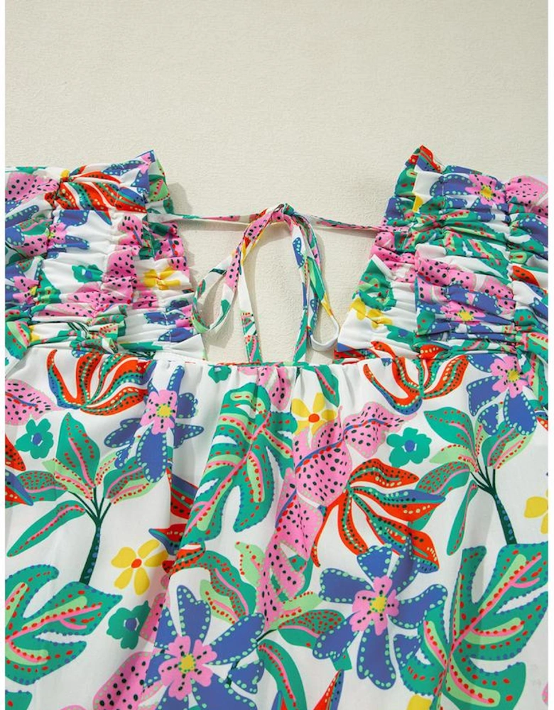 Green Plant Print Loose Fit Puff Sleeve Square Neck Blouse