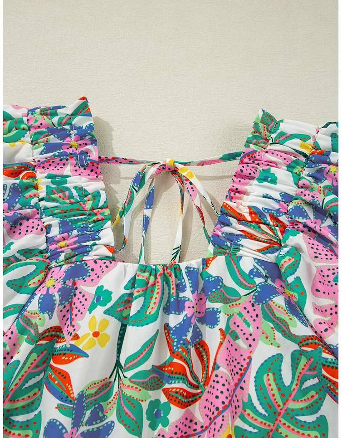 Green Plant Print Loose Fit Puff Sleeve Square Neck Blouse