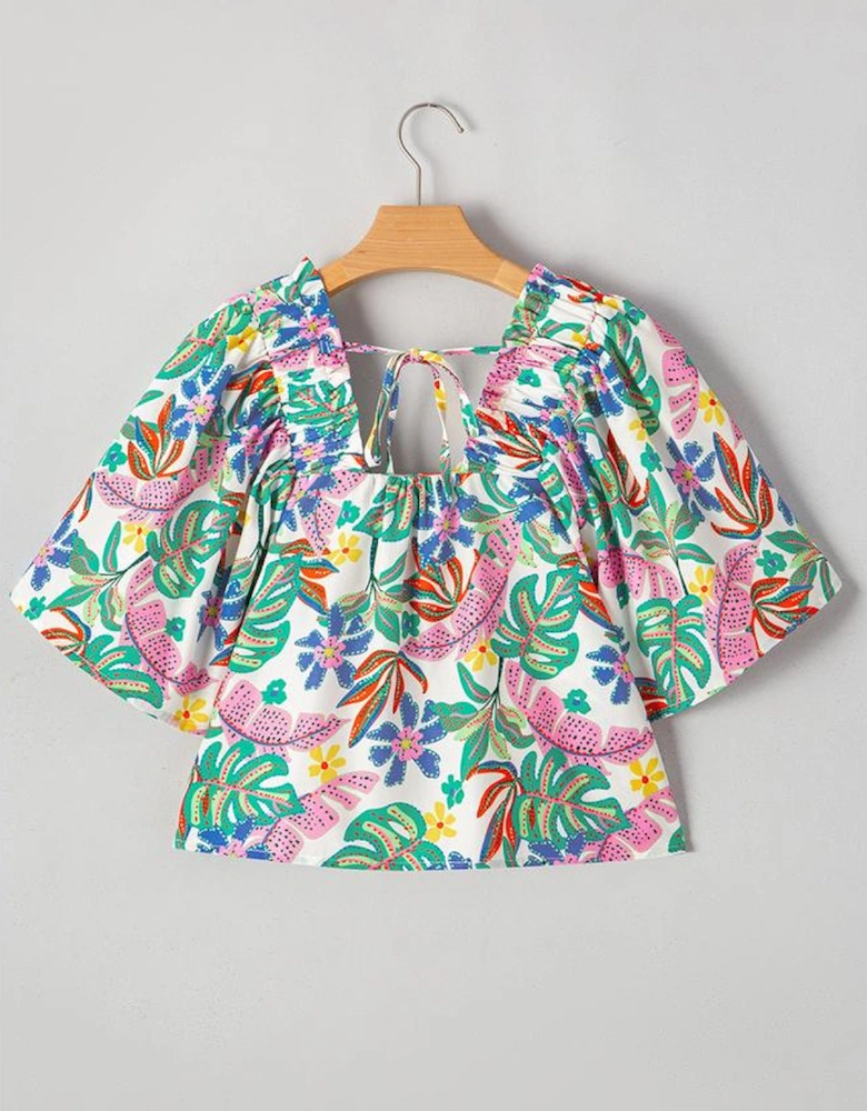 Green Plant Print Loose Fit Puff Sleeve Square Neck Blouse