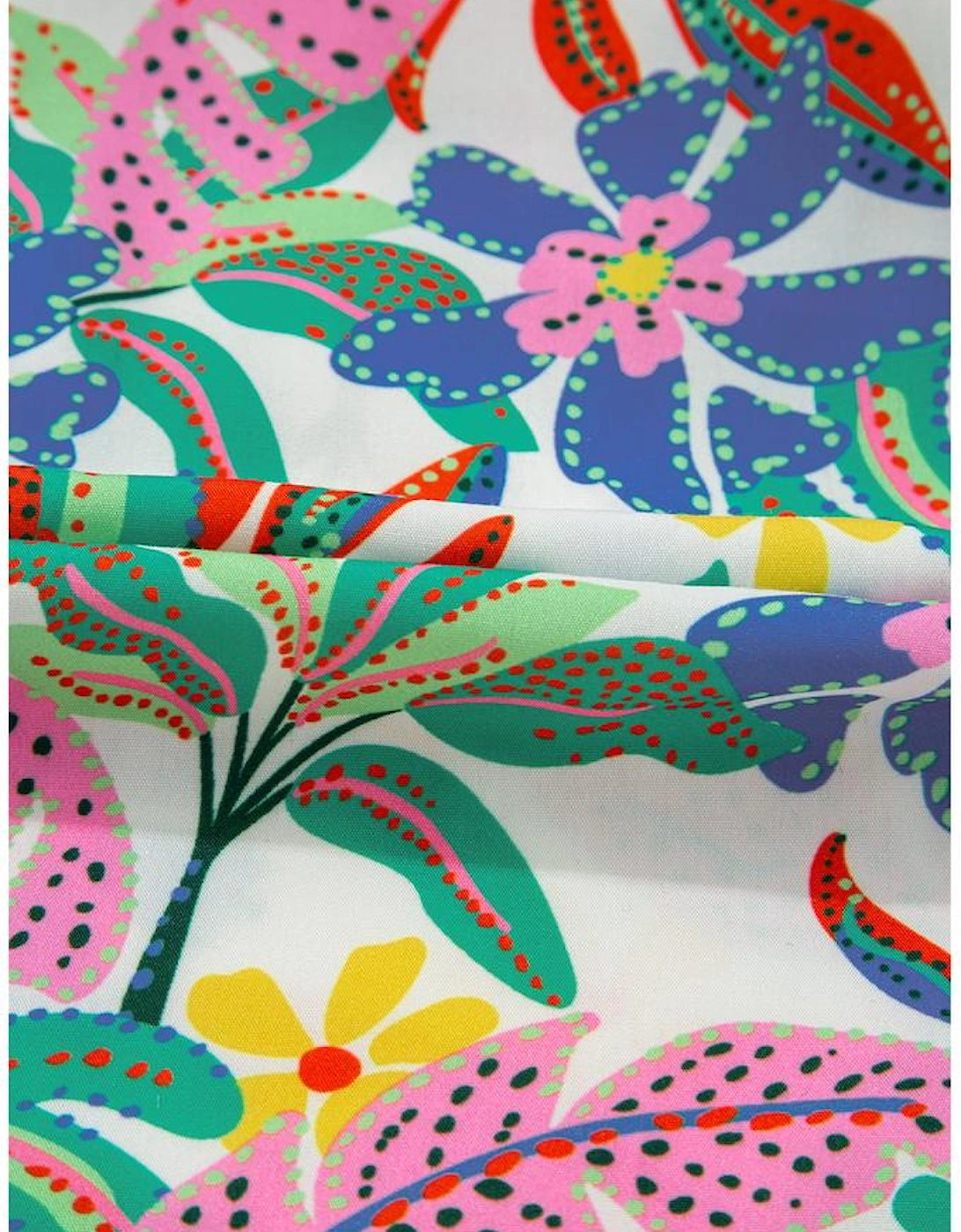 Green Plant Print Loose Fit Puff Sleeve Square Neck Blouse