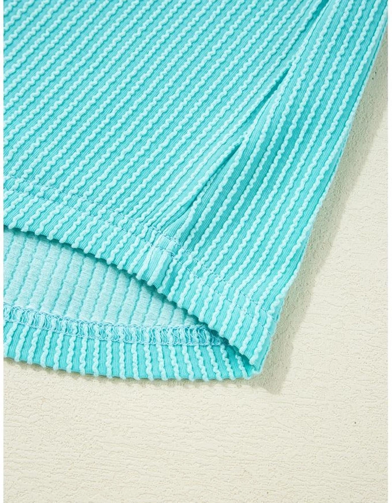 Turquoise Corded Colorblock Buttons Henley T Shirt