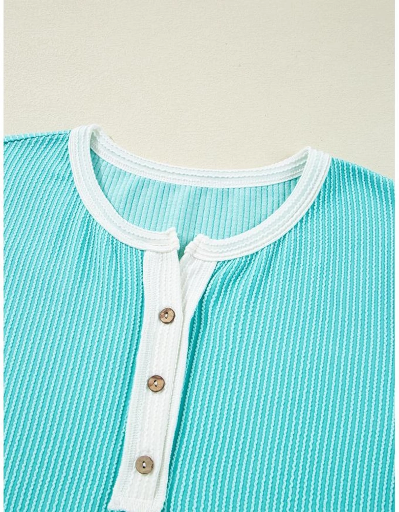Turquoise Corded Colorblock Buttons Henley T Shirt