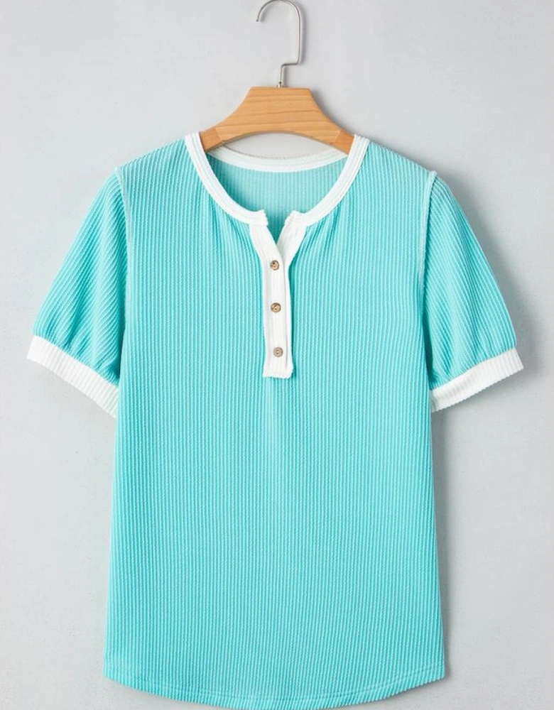 Turquoise Corded Colorblock Buttons Henley T Shirt