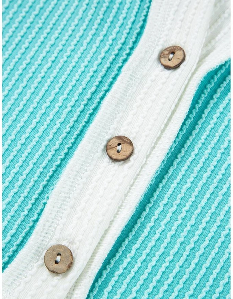 Turquoise Corded Colorblock Buttons Henley T Shirt