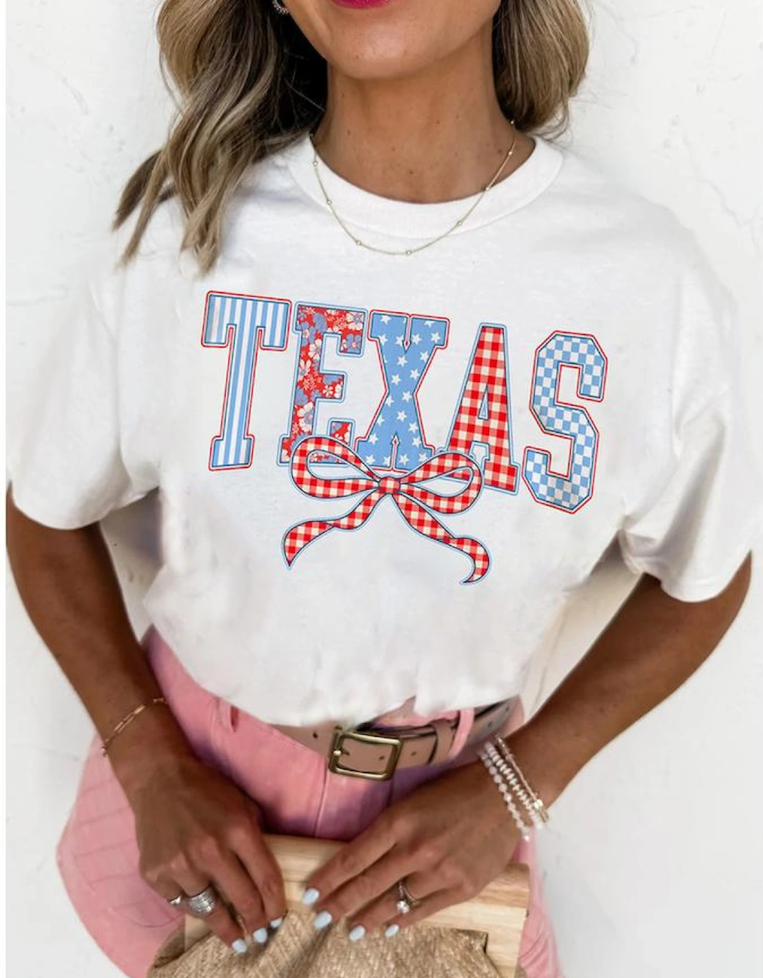 White Independence Day TEXAS Bow Printed T Shirt