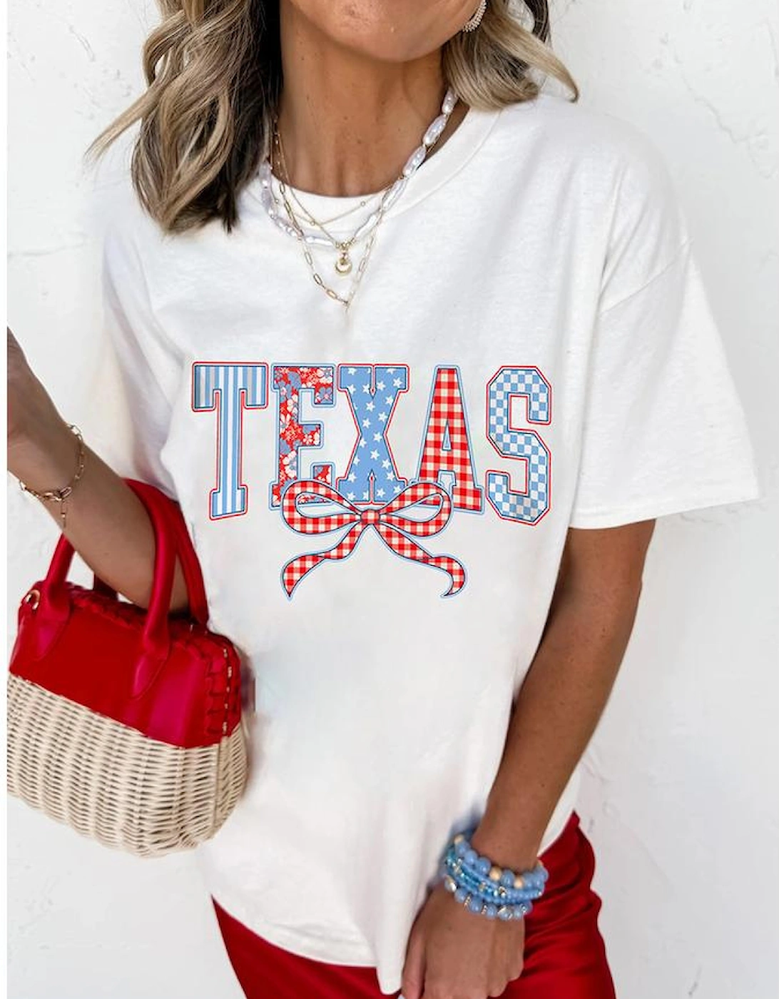 White Independence Day TEXAS Bow Printed T Shirt