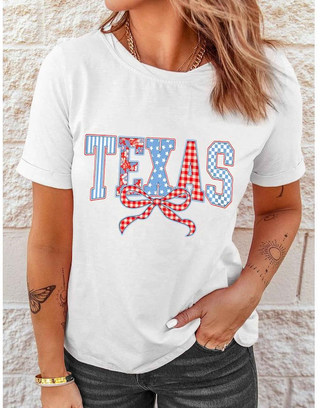White Independence Day TEXAS Bow Printed T Shirt