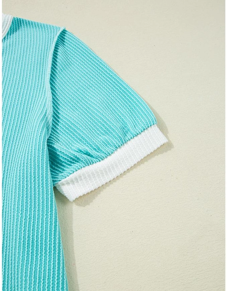Turquoise Corded Colorblock Buttons Henley T Shirt