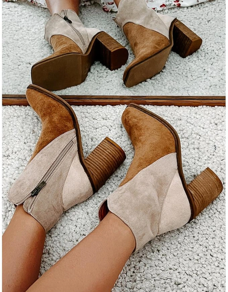 Camel Two Tone Faux Suede Square Toe Chunky Heel Boots