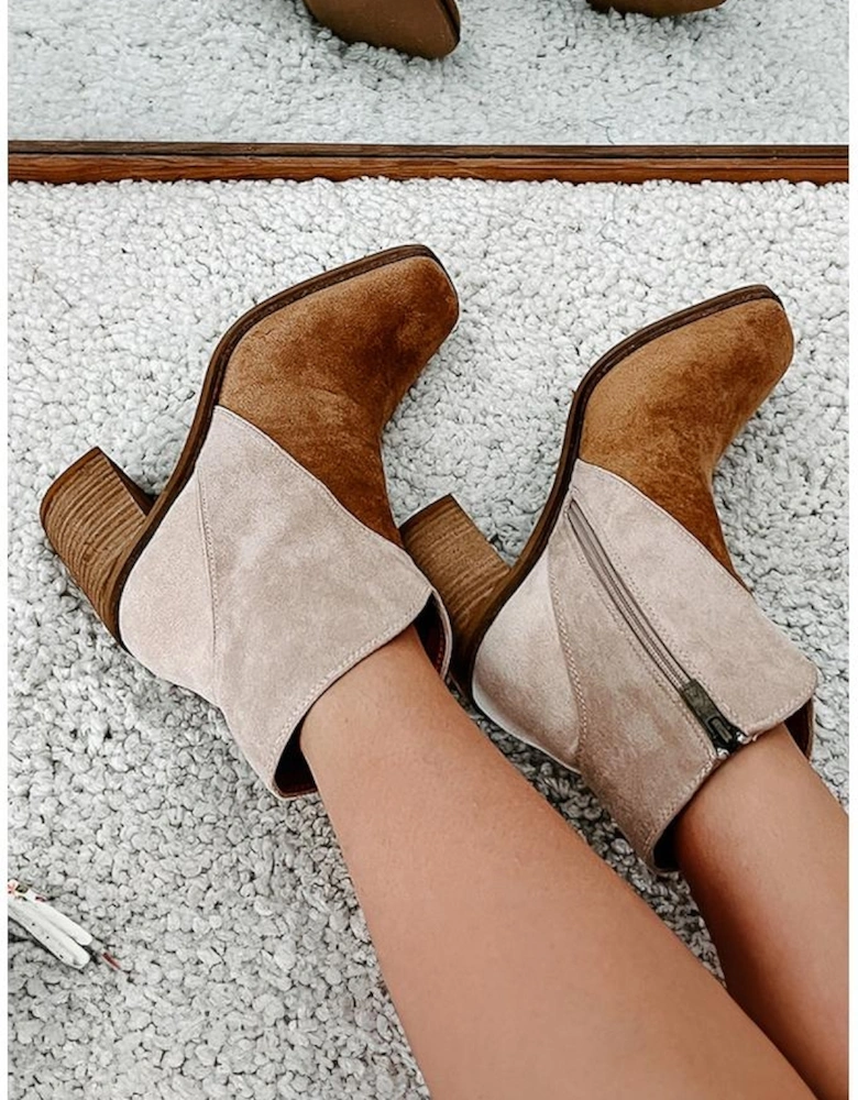 Camel Two Tone Faux Suede Square Toe Chunky Heel Boots
