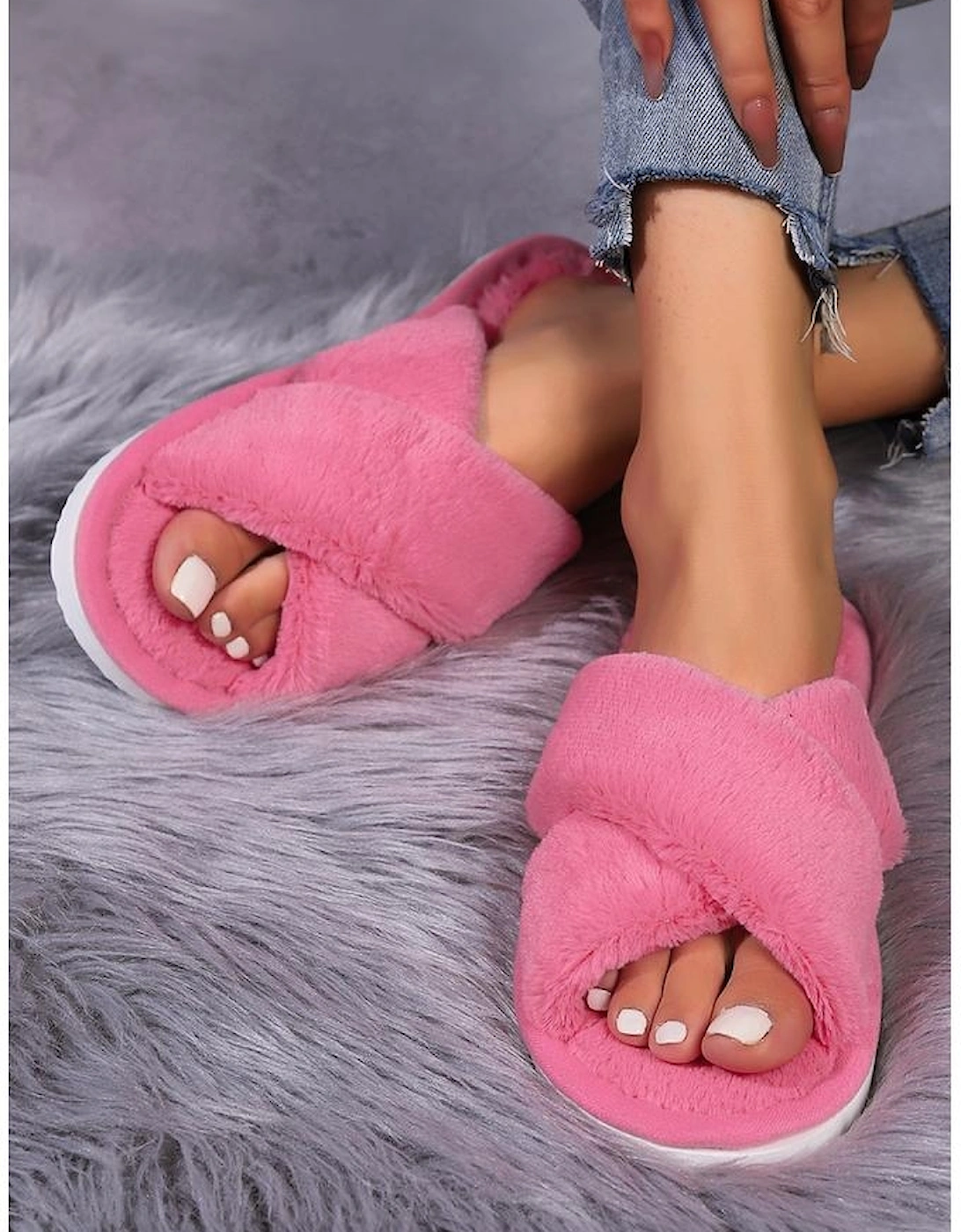 Rose Red Criss Cross Open Toe Fuzzy Slippers