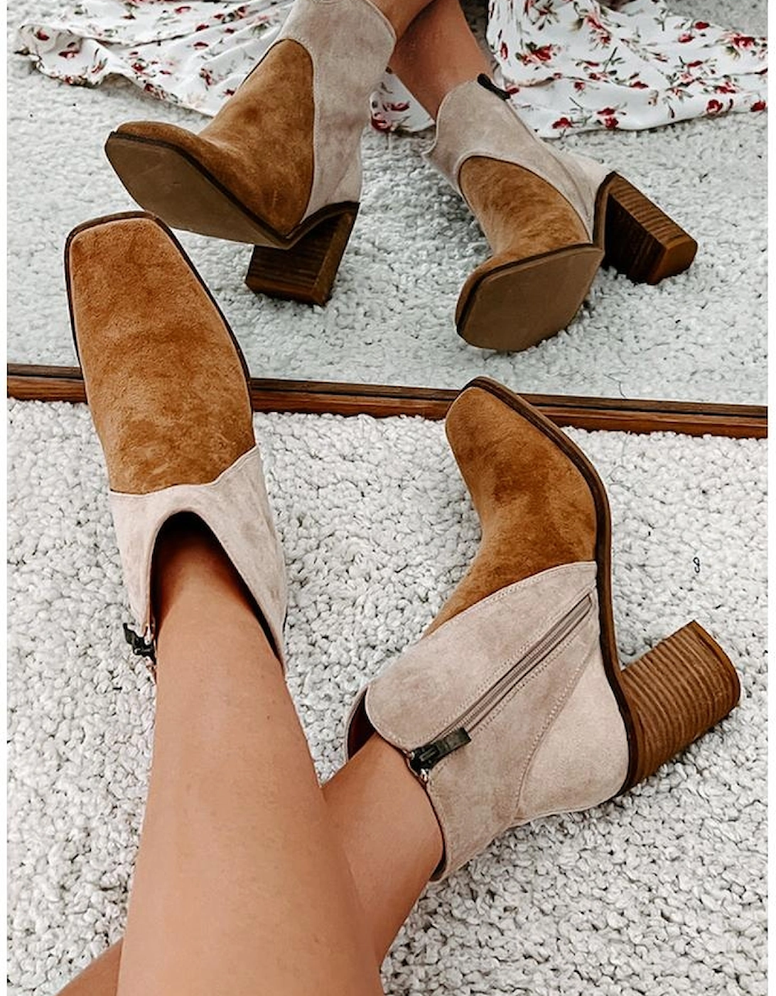 Camel Two Tone Faux Suede Square Toe Chunky Heel Boots, 6 of 5