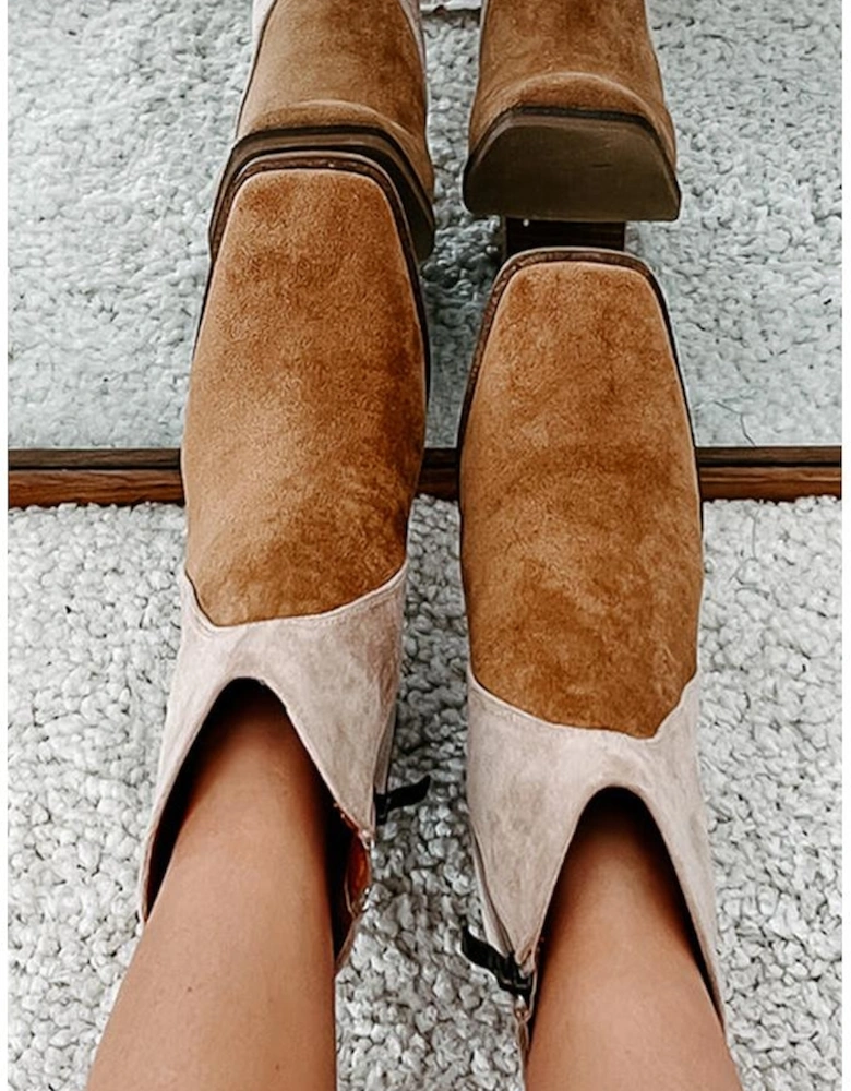Camel Two Tone Faux Suede Square Toe Chunky Heel Boots