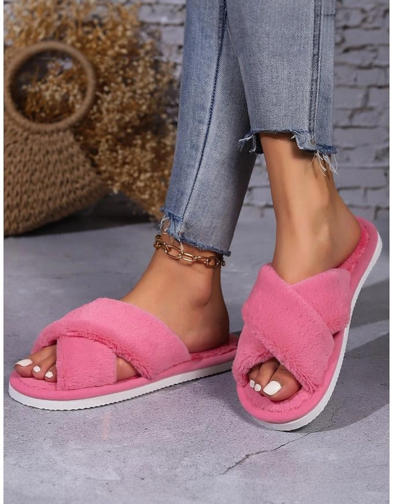 Rose Red Criss Cross Open Toe Fuzzy Slippers