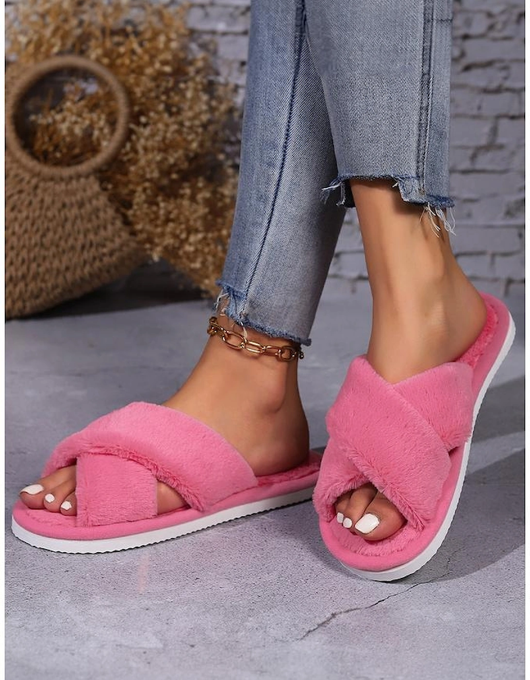 Rose Red Criss Cross Open Toe Fuzzy Slippers, 6 of 5