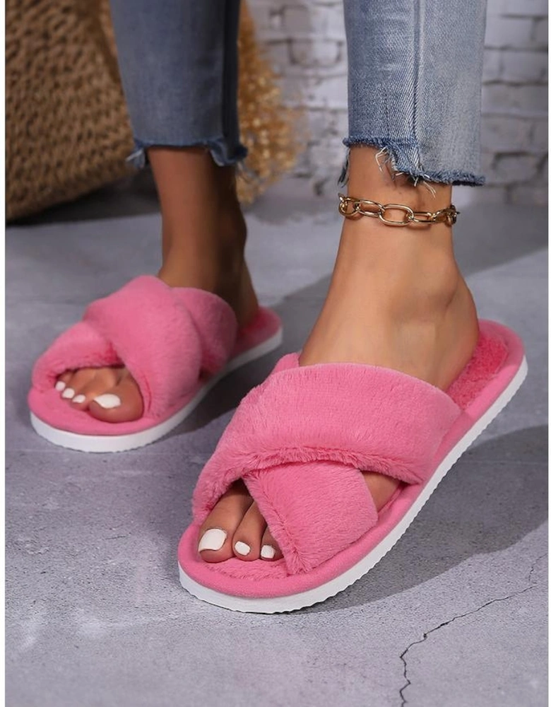 Rose Red Criss Cross Open Toe Fuzzy Slippers