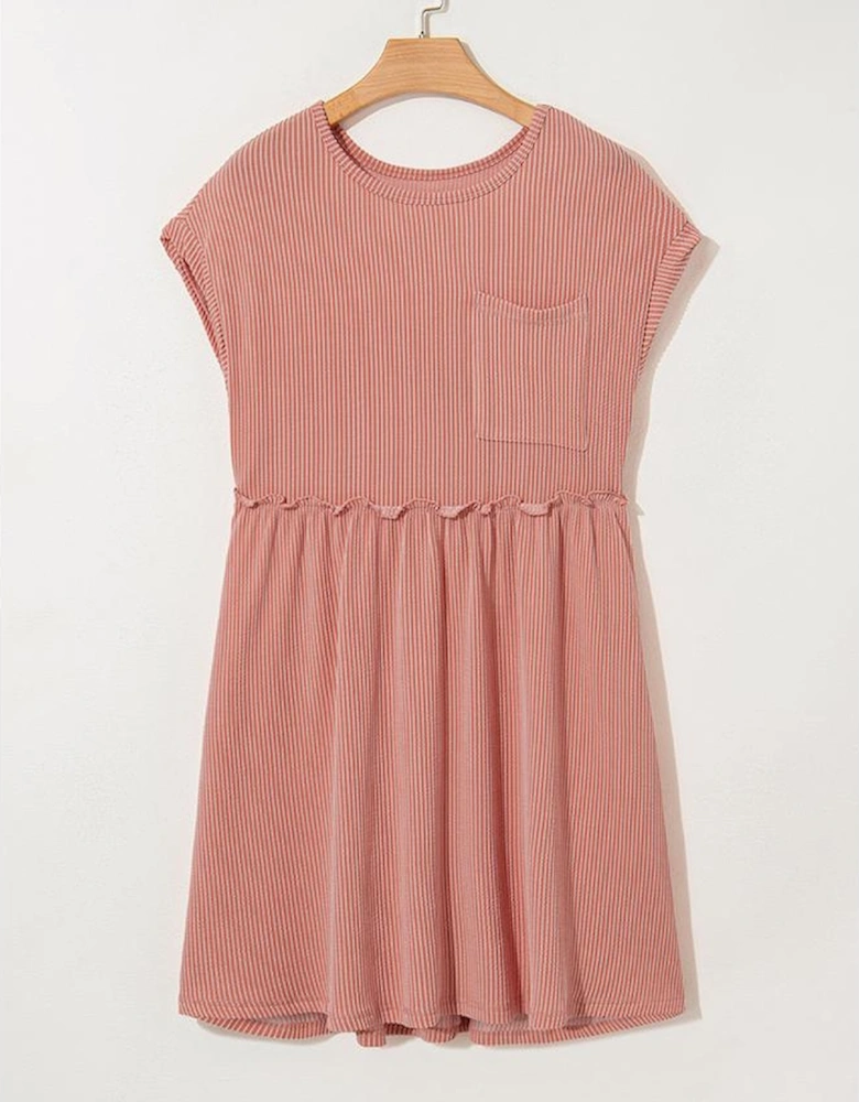 Dusty Pink Corded Knit Textured Patched Pocket Frilled Swing Mini Dress with Pockets