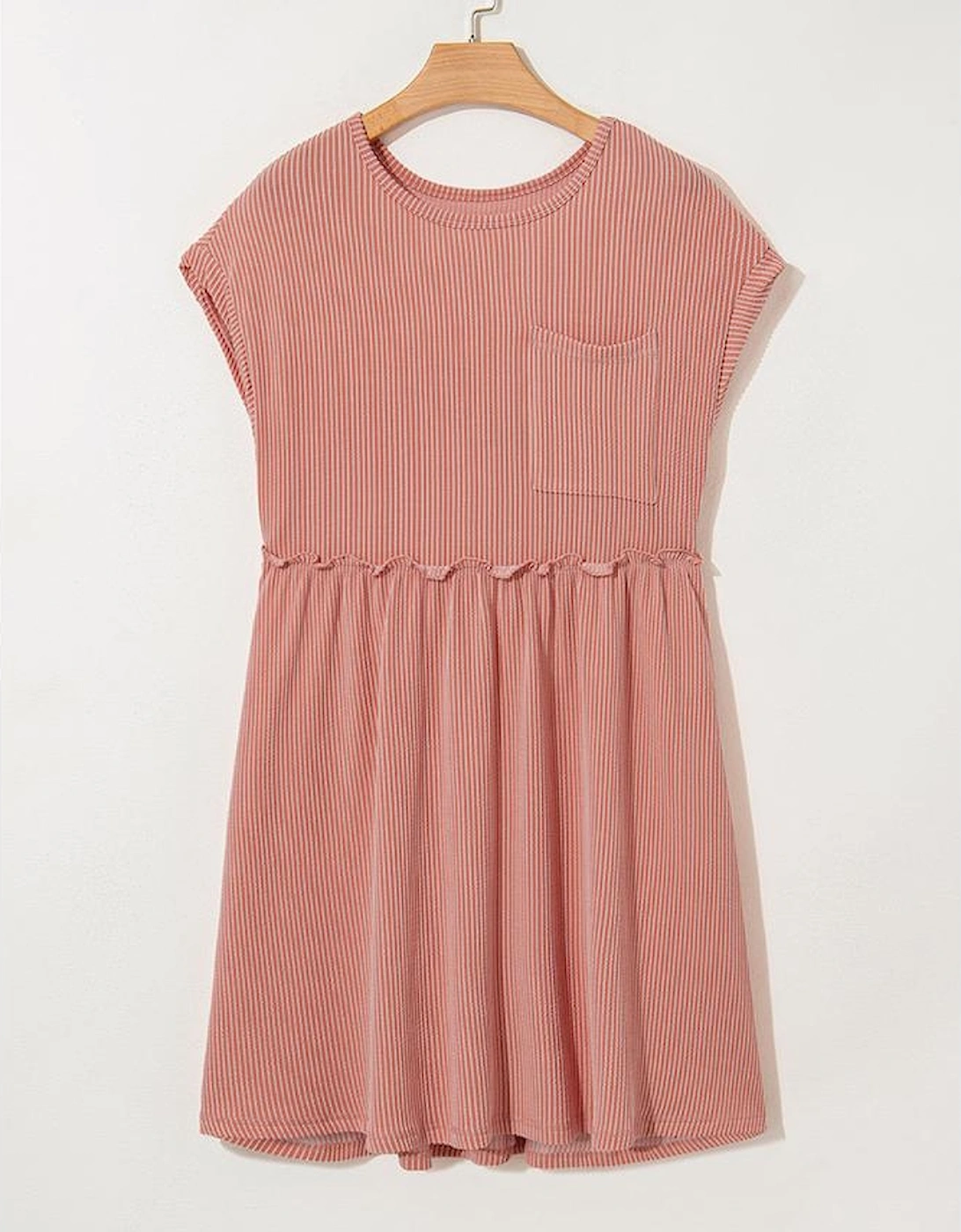Dusty Pink Corded Knit Textured Patched Pocket Frilled Swing Mini Dress with Pockets