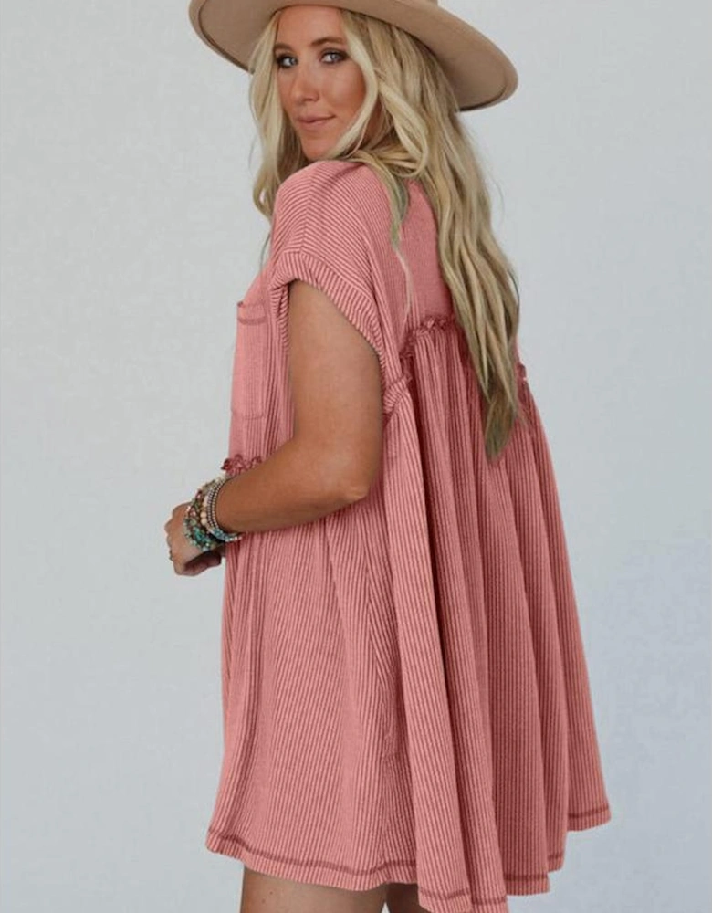 Dusty Pink Corded Knit Textured Patched Pocket Frilled Swing Mini Dress with Pockets