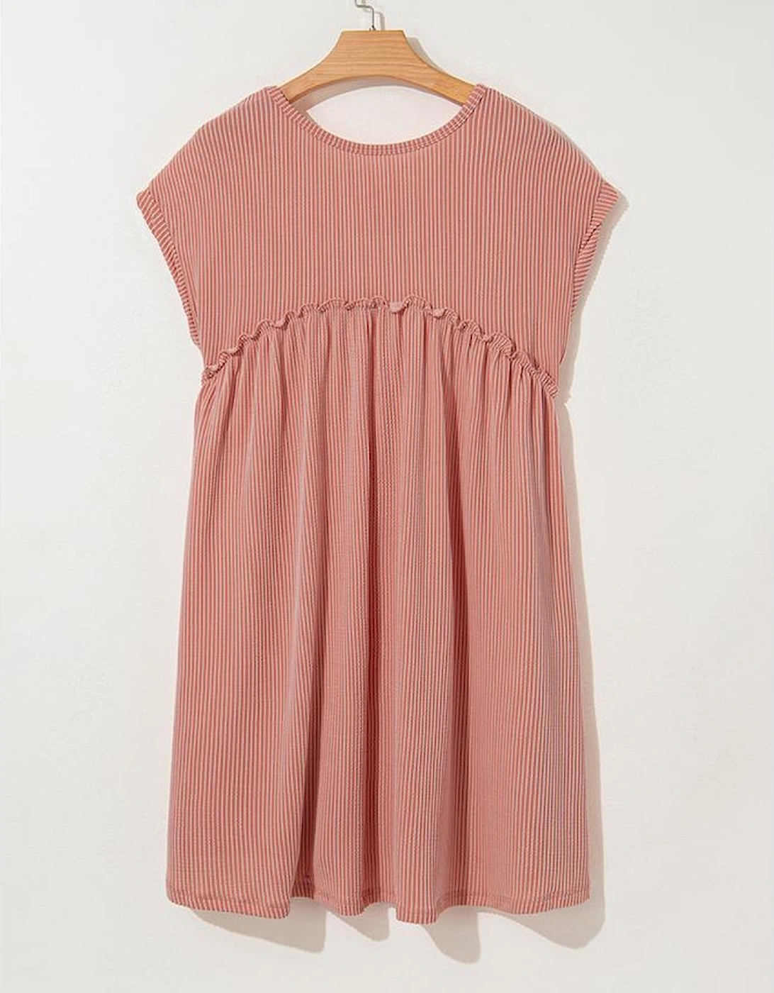 Dusty Pink Corded Knit Textured Patched Pocket Frilled Swing Mini Dress with Pockets