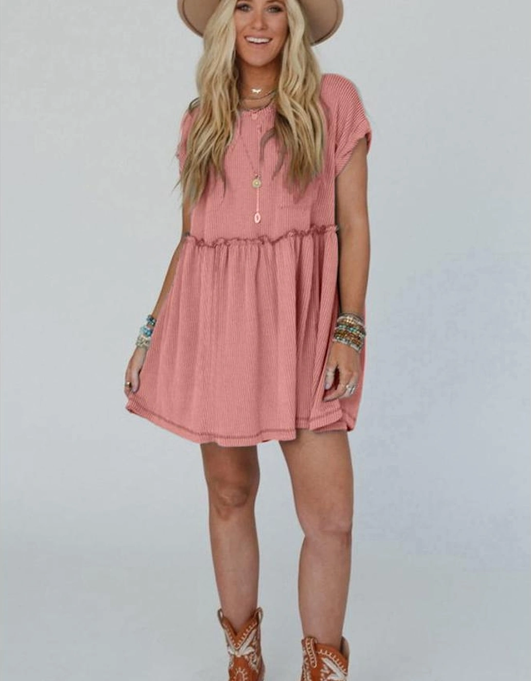 Dusty Pink Corded Knit Textured Patched Pocket Frilled Swing Mini Dress with Pockets