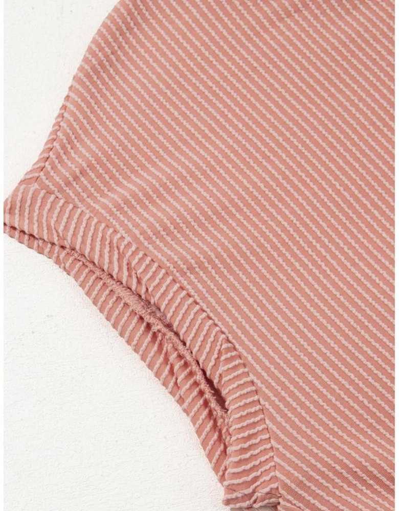 Dusty Pink Corded Knit Textured Patched Pocket Frilled Swing Mini Dress with Pockets