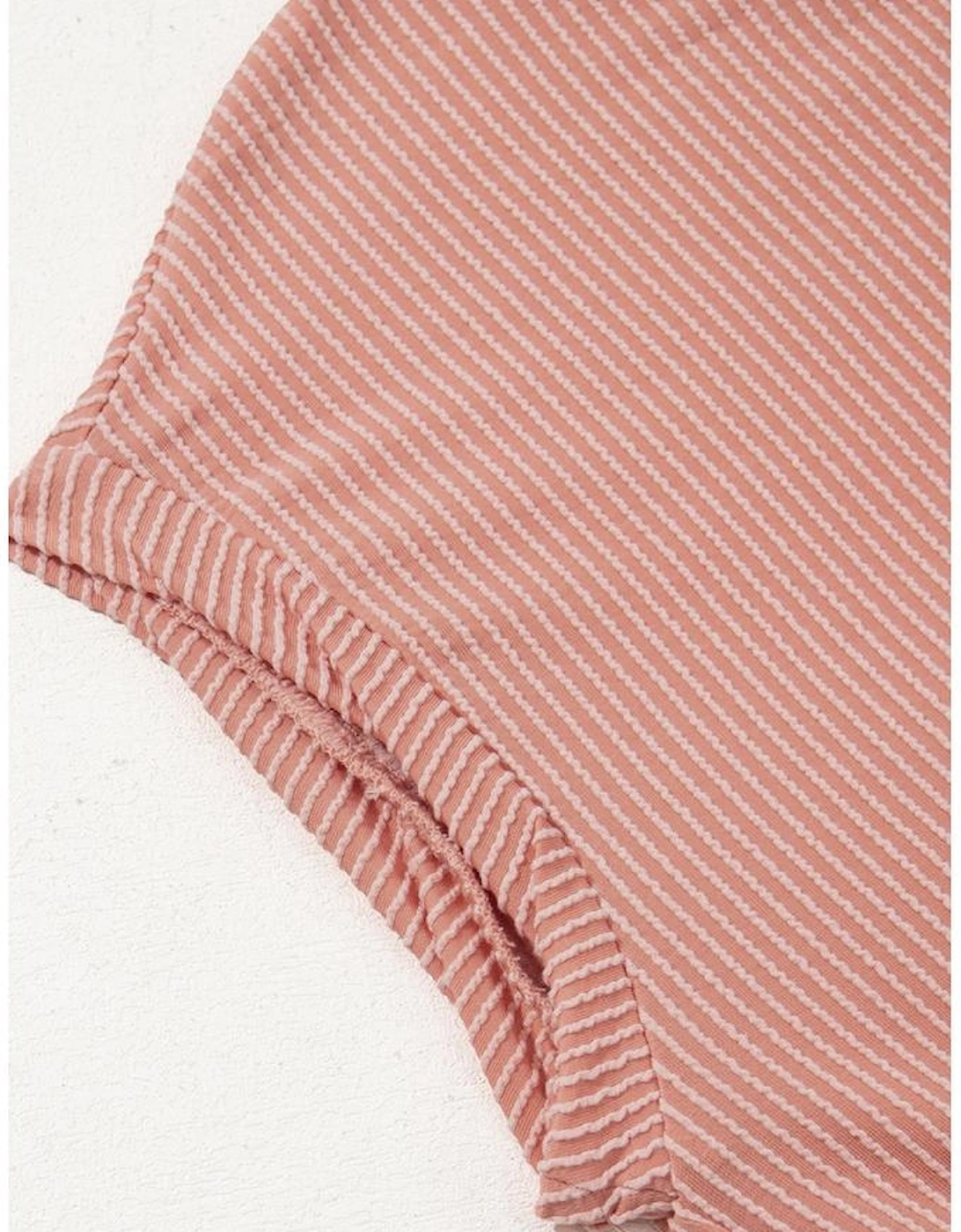 Dusty Pink Corded Knit Textured Patched Pocket Frilled Swing Mini Dress with Pockets