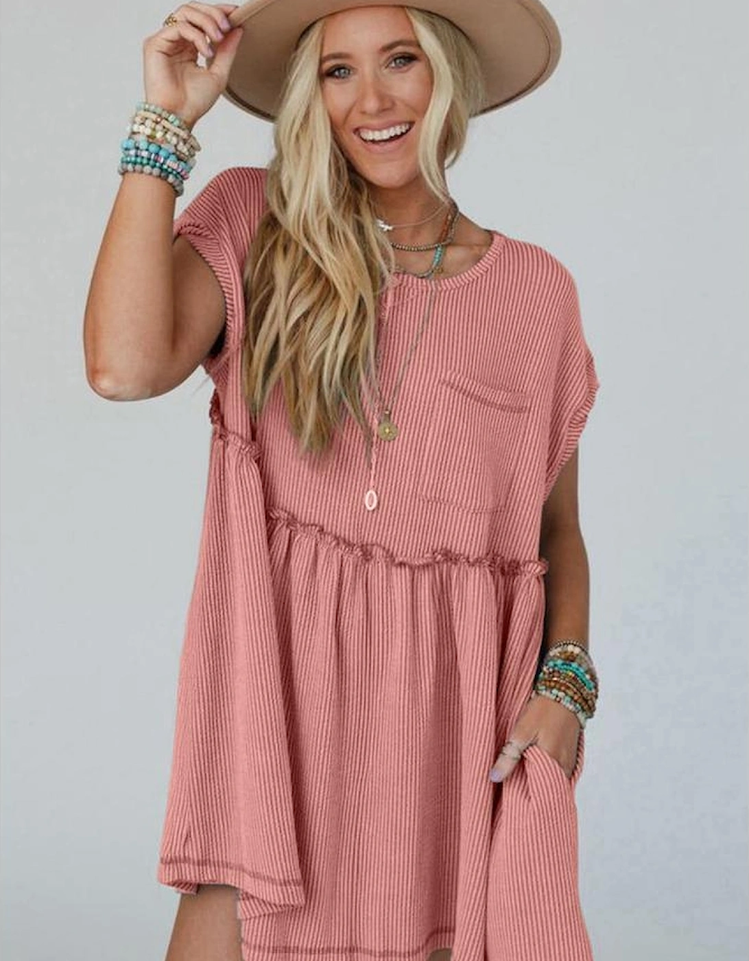 Dusty Pink Corded Knit Textured Patched Pocket Frilled Swing Mini Dress with Pockets