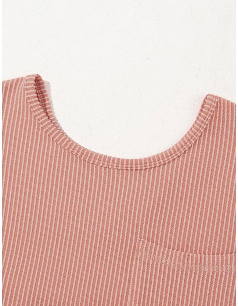 Dusty Pink Corded Knit Textured Patched Pocket Frilled Swing Mini Dress with Pockets