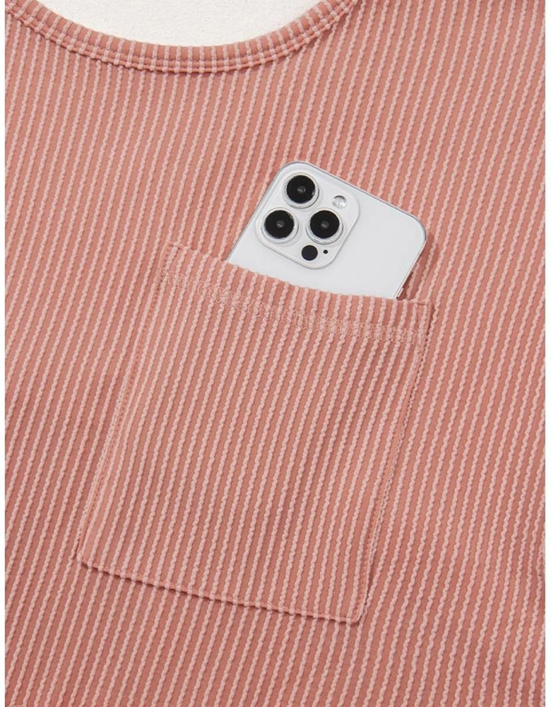 Dusty Pink Corded Knit Textured Patched Pocket Frilled Swing Mini Dress with Pockets