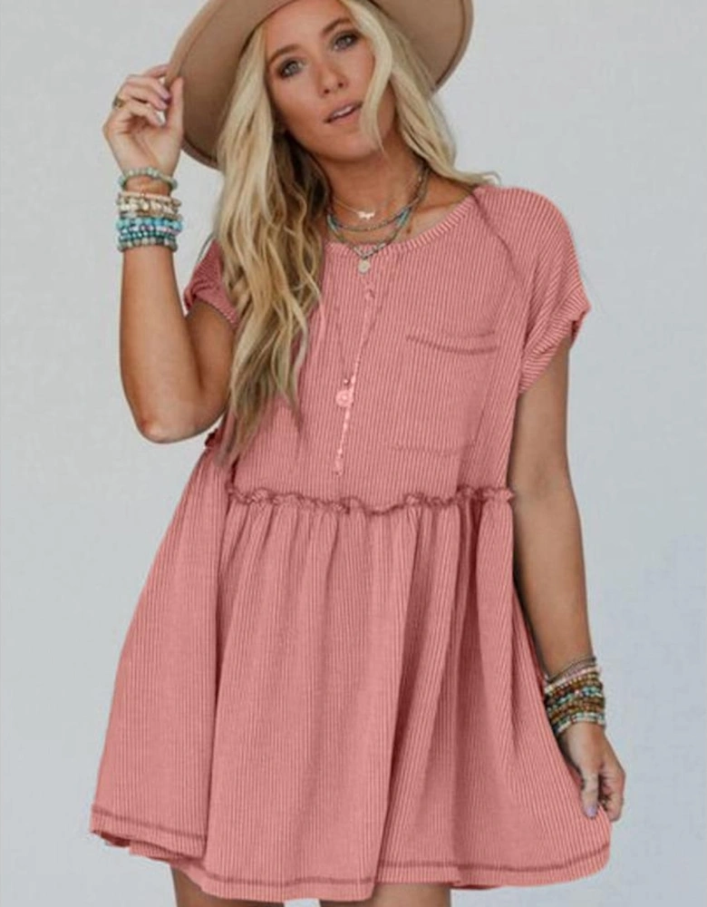 Dusty Pink Corded Knit Textured Patched Pocket Frilled Swing Mini Dress with Pockets