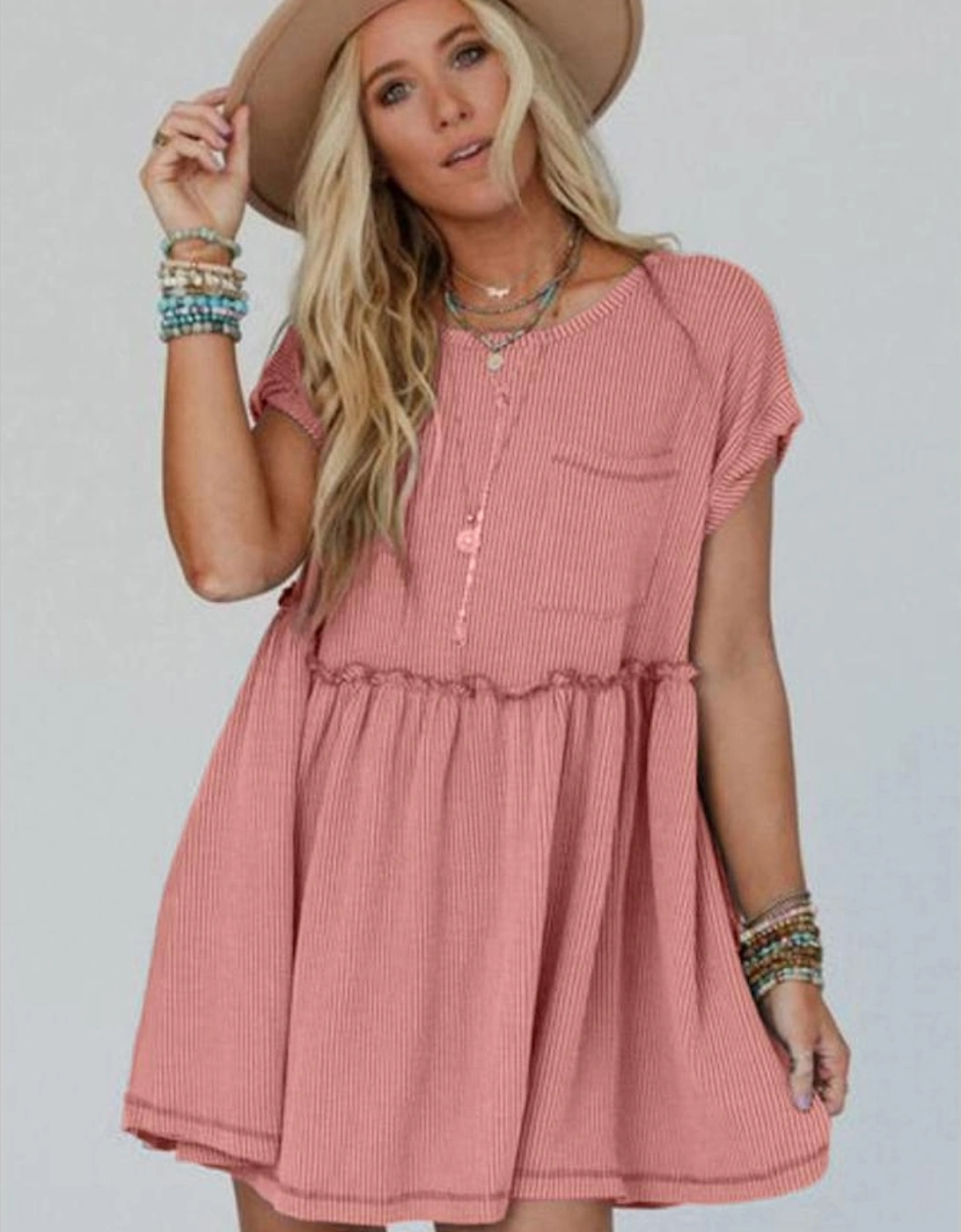 Dusty Pink Corded Knit Textured Patched Pocket Frilled Swing Mini Dress with Pockets