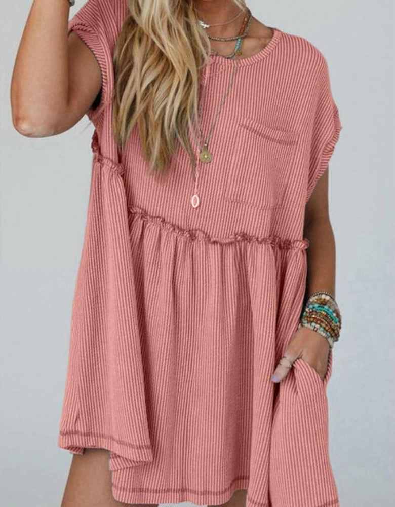 Dusty Pink Corded Knit Textured Patched Pocket Frilled Swing Mini Dress with Pockets