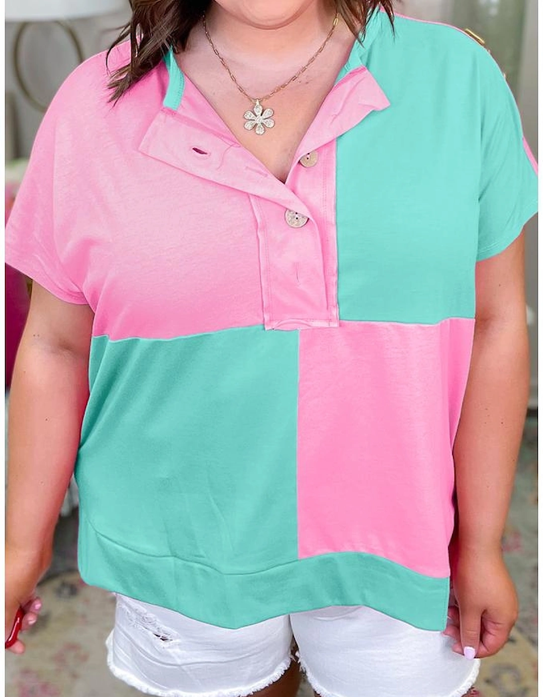 Mint Green Colorblock Patchwork Short Sleeve Buttons Plus Size Henley Top