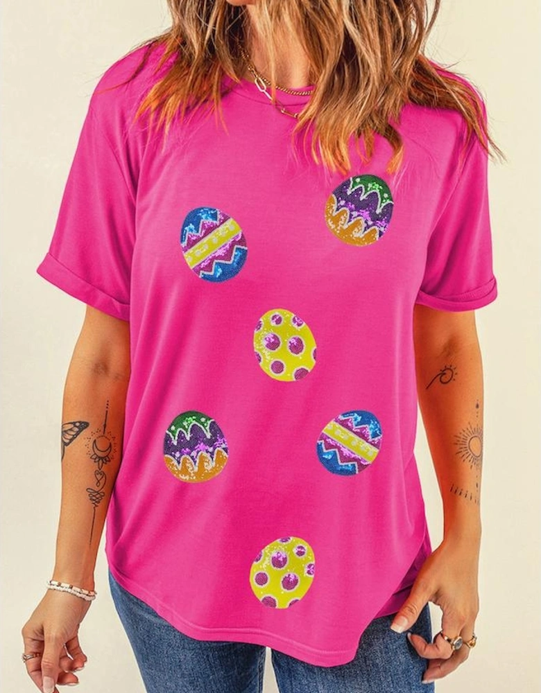 Rose Red Easter Eggs Patched Crew Neck Graphic Tee
