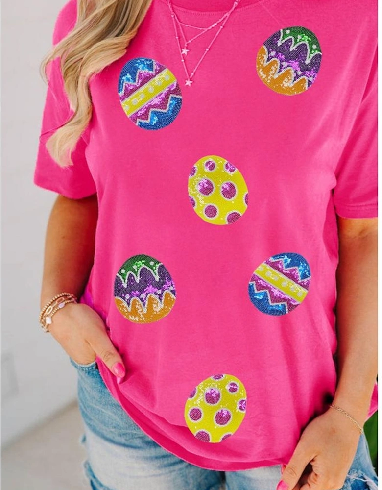 Rose Red Easter Eggs Patched Crew Neck Graphic Tee