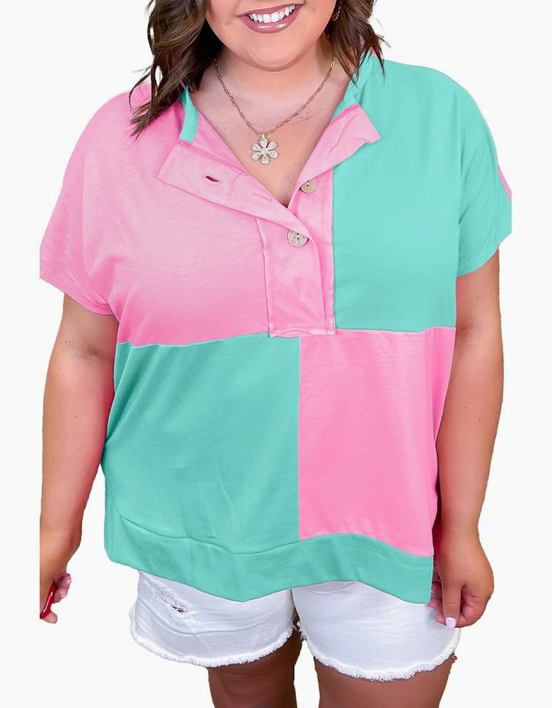 Mint Green Colorblock Patchwork Short Sleeve Buttons Plus Size Henley Top
