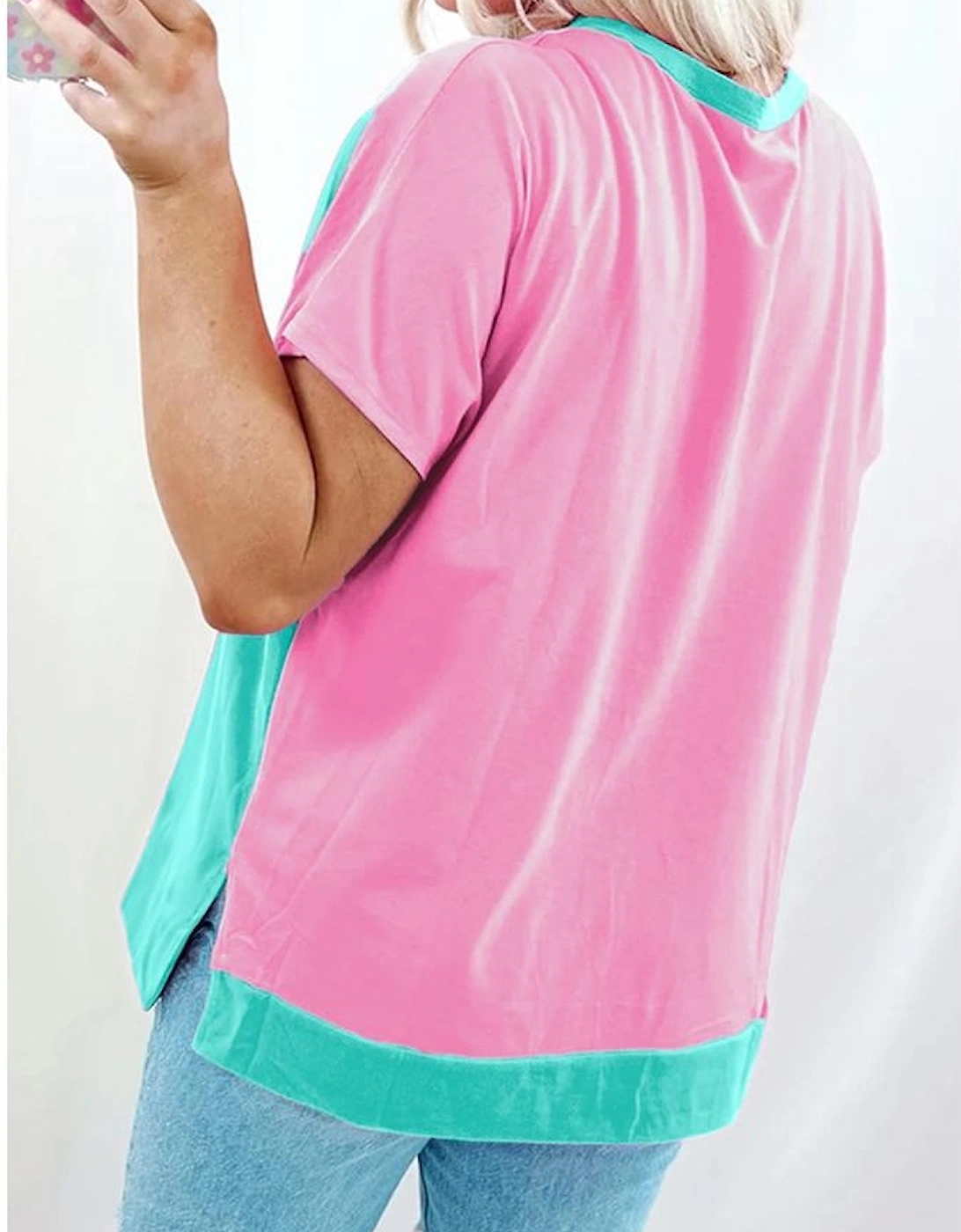 Mint Green Colorblock Patchwork Short Sleeve Buttons Plus Size Henley Top, 4 of 3