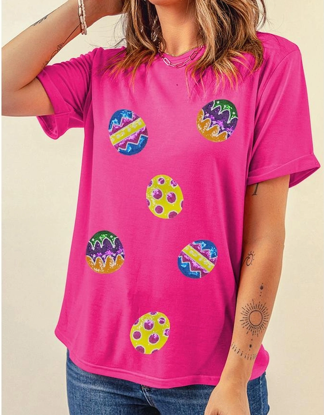 Rose Red Easter Eggs Patched Crew Neck Graphic Tee