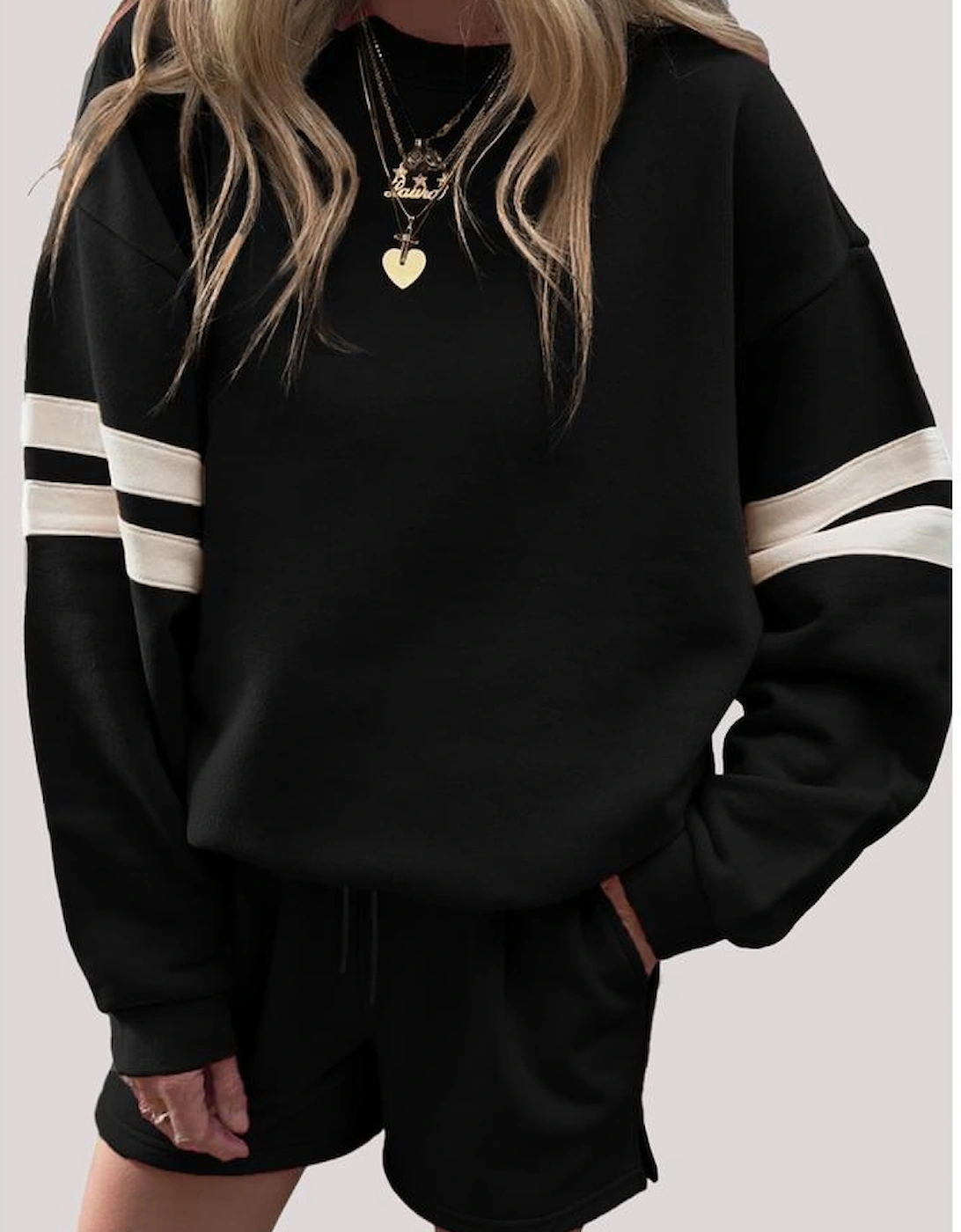 Black Varsity Striped Sleeve Drop Shoulder Sweatshirt and Short Set