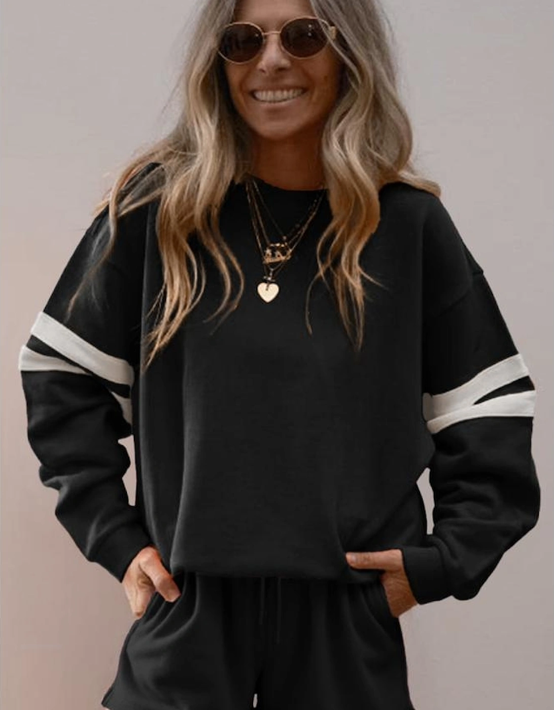 Black Varsity Striped Sleeve Drop Shoulder Sweatshirt and Short Set, 3 of 2