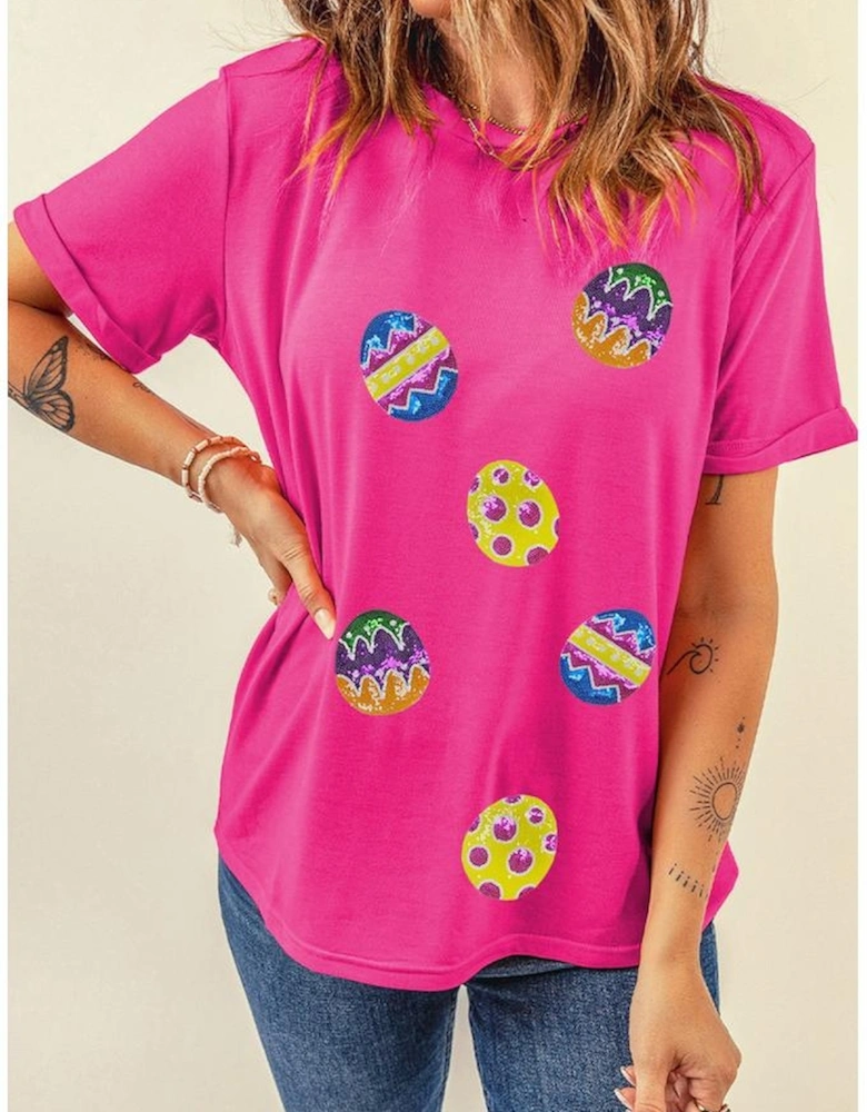 Rose Red Easter Eggs Patched Crew Neck Graphic Tee