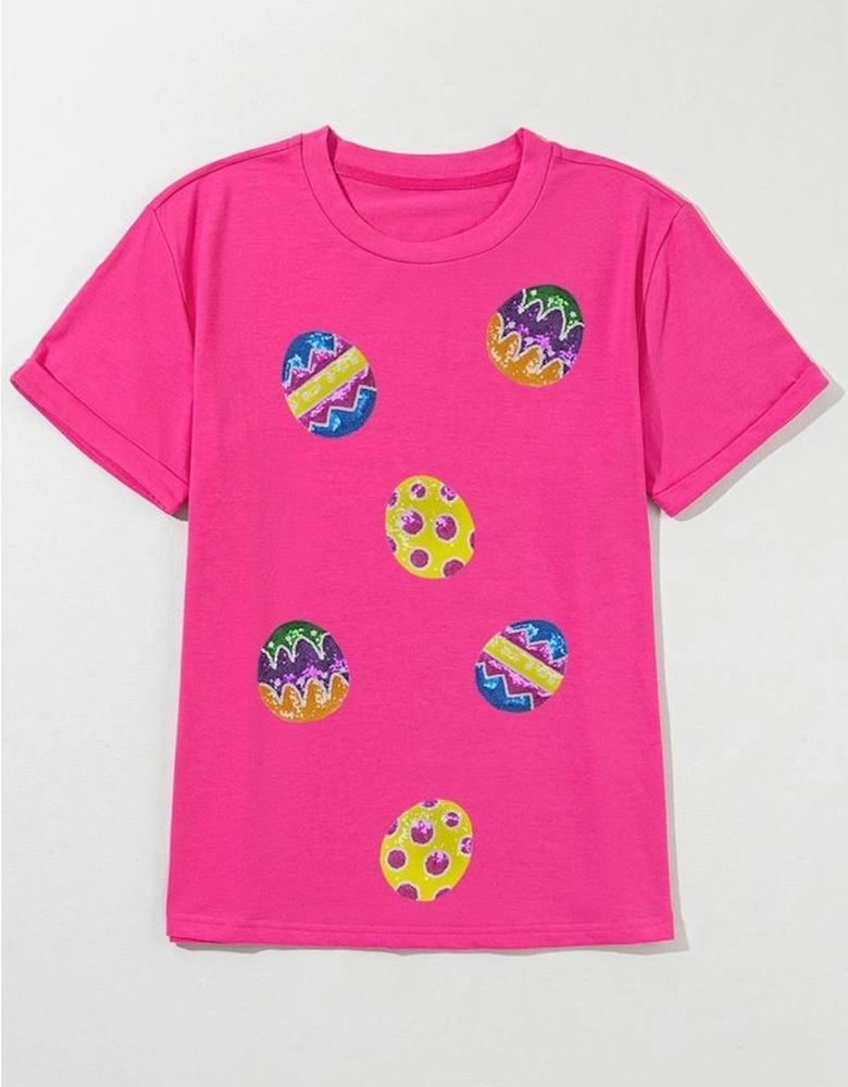 Rose Red Easter Eggs Patched Crew Neck Graphic Tee