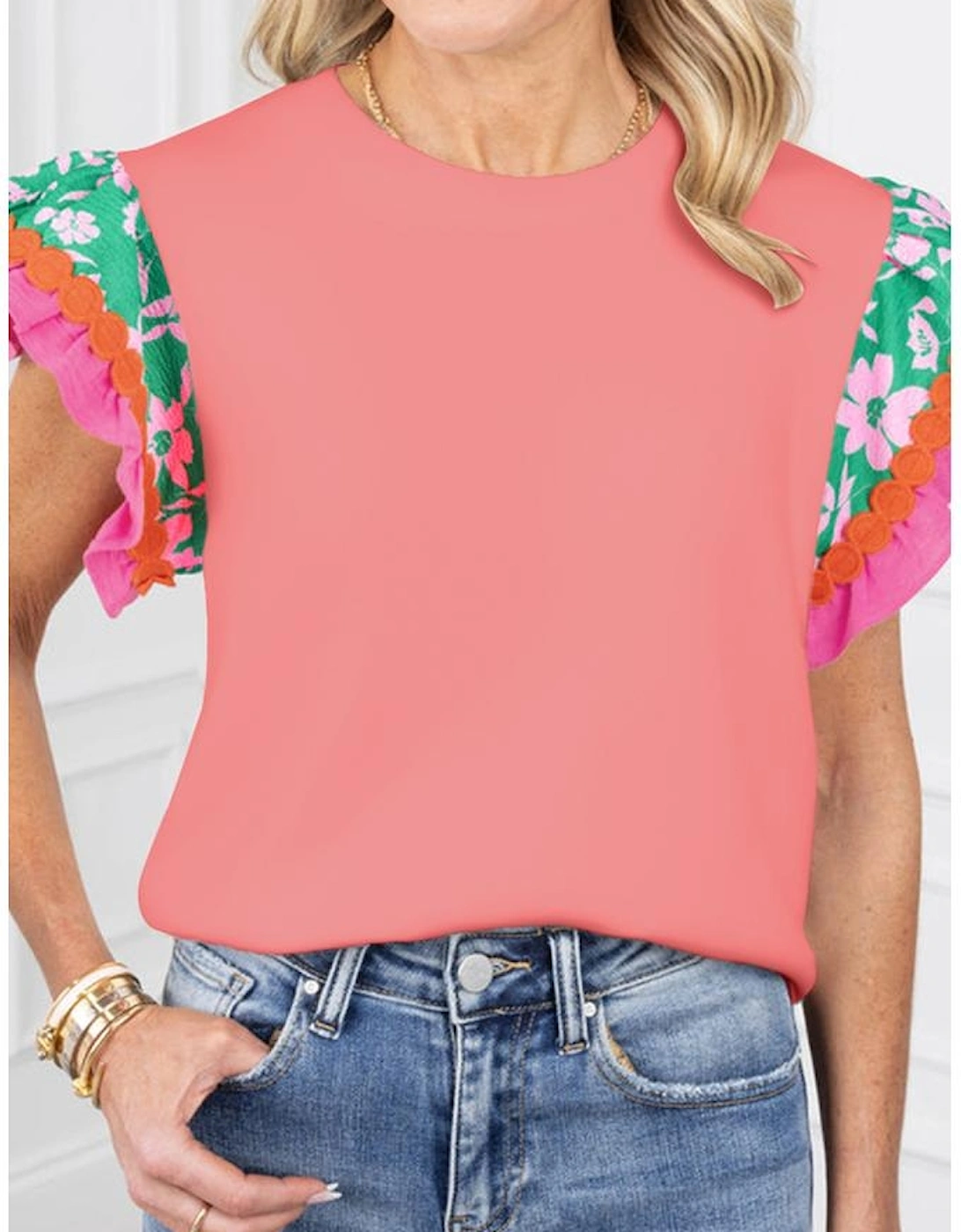 Peach Blossom Contrast Ricrac Floral Sleeve Top