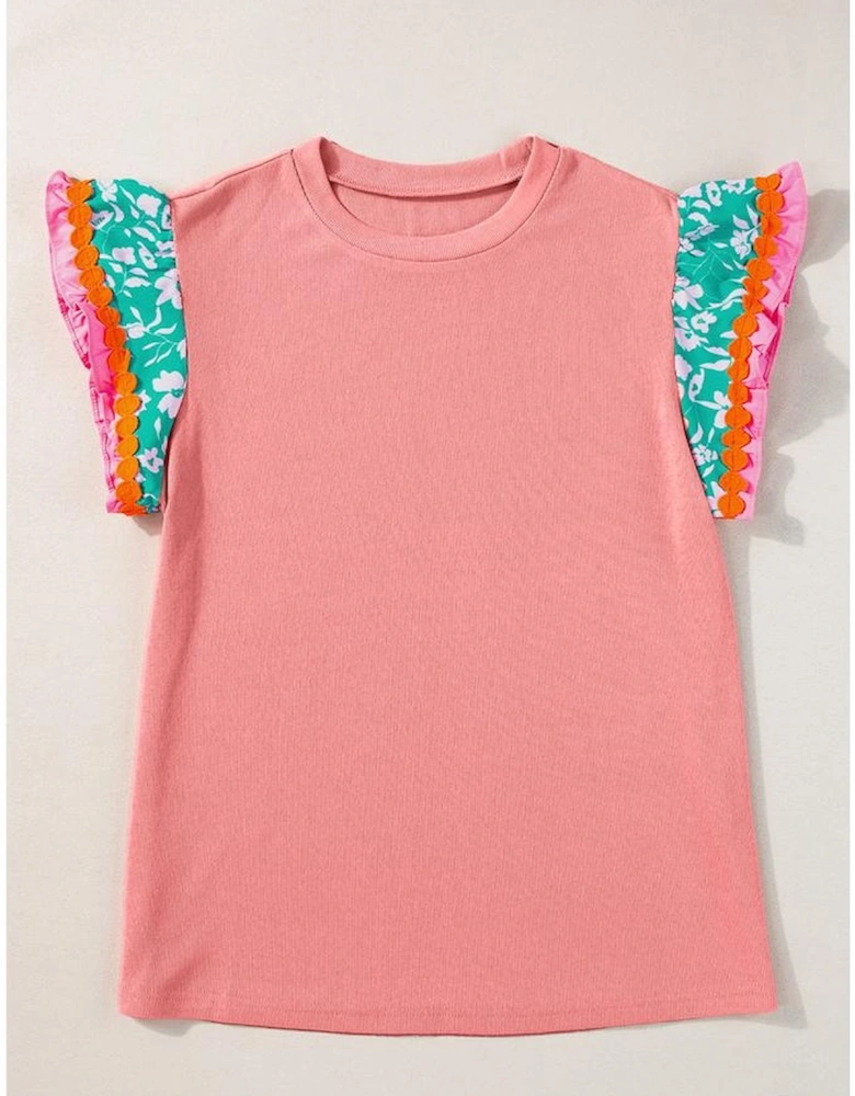 Peach Blossom Contrast Ricrac Floral Sleeve Top