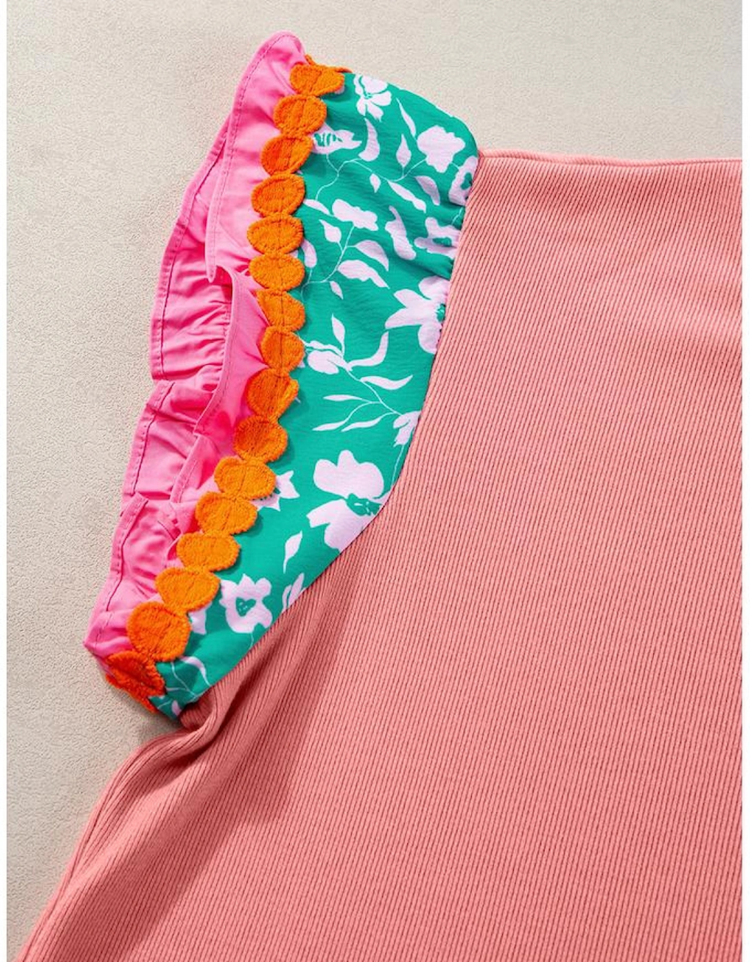 Peach Blossom Contrast Ricrac Floral Sleeve Top