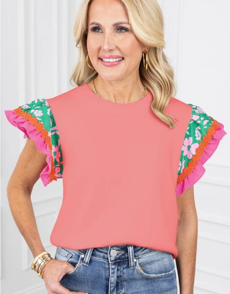 Peach Blossom Contrast Ricrac Floral Sleeve Top