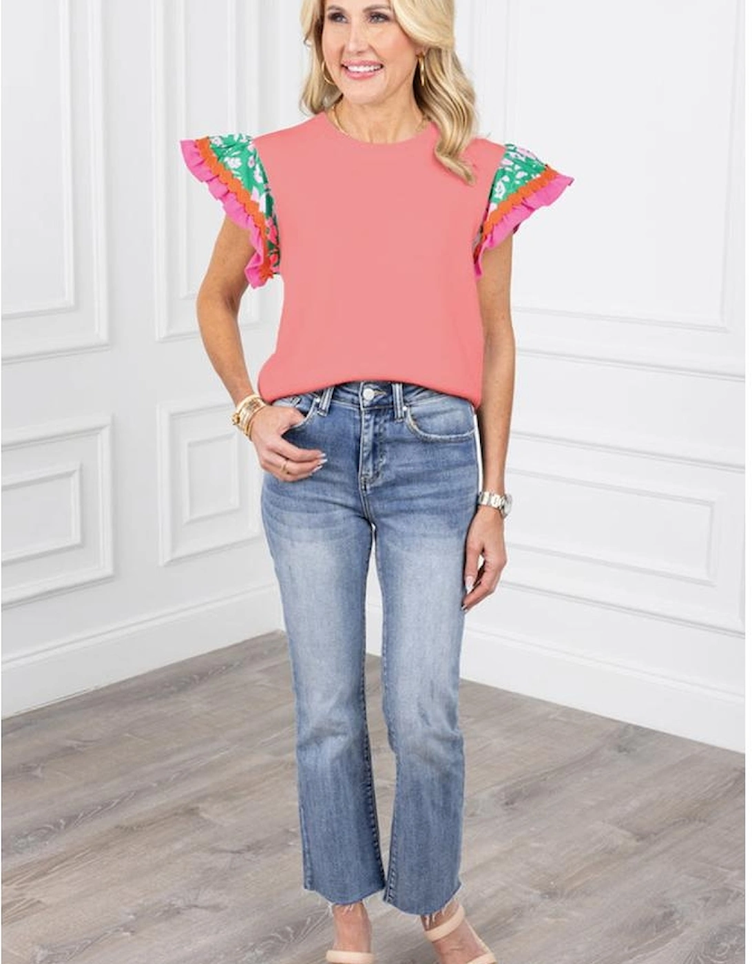 Peach Blossom Contrast Ricrac Floral Sleeve Top