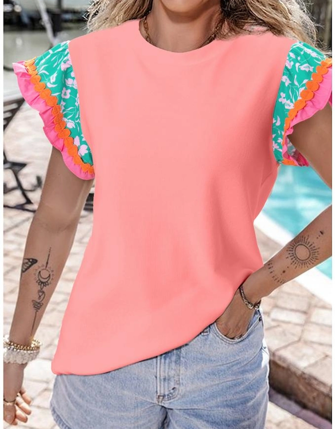 Peach Blossom Contrast Ricrac Floral Sleeve Top